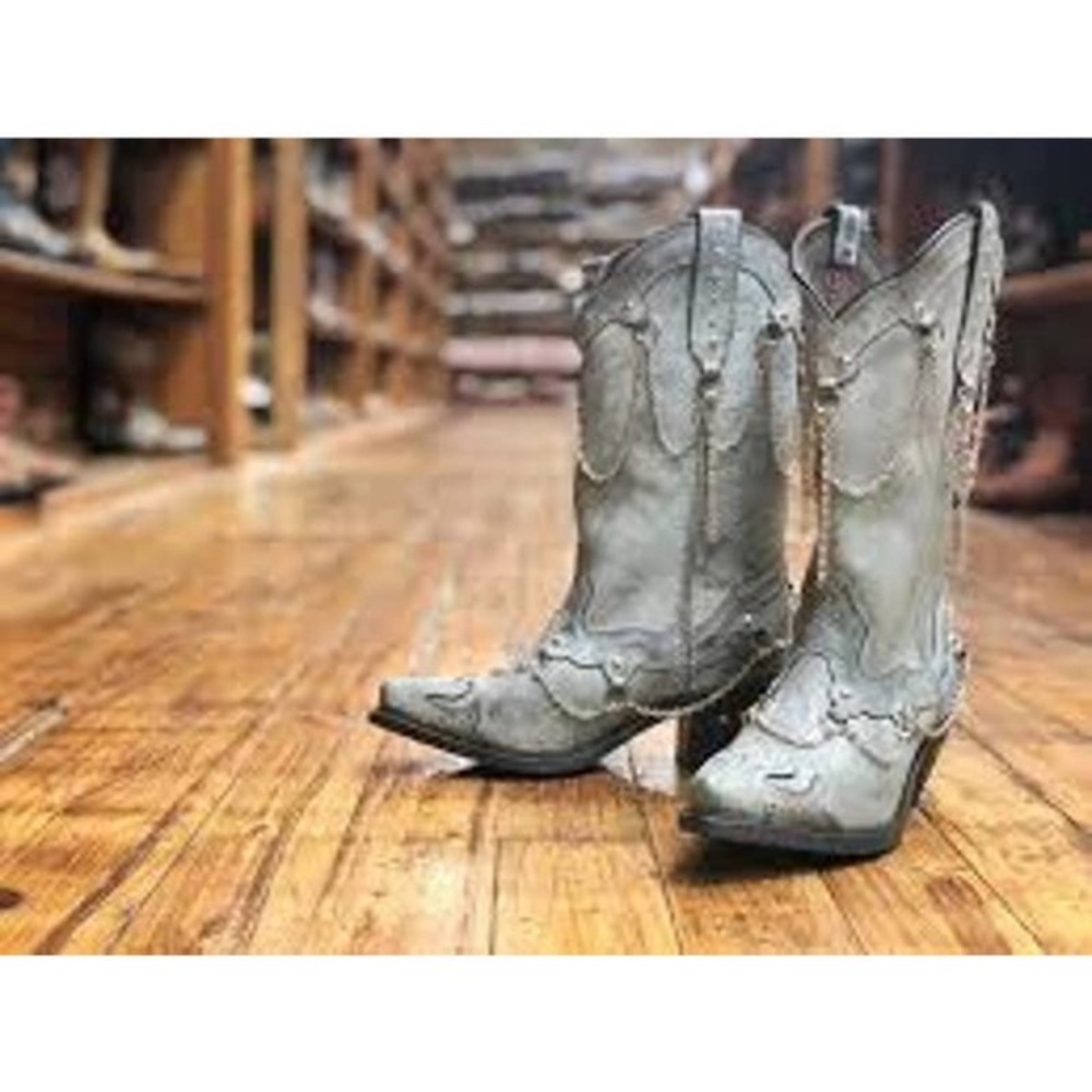 Rockin County Gray With chains leather cowboy boots size 7